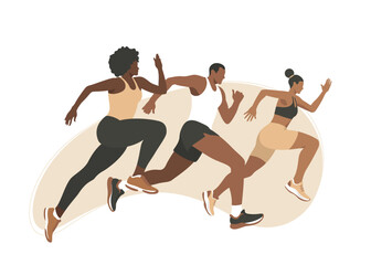 Runners. Dynamic Trio: Runners in Action. Three Athletes, Two Women and a Man, in a High-Speed Race. Flat Vector Illustration.