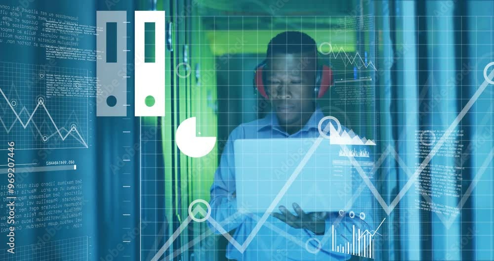 Poster animation of diagrams and data processing over biracial male worker in server room