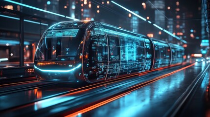 Futuristic AI-driven eco-friendly public transportation: Electric buses and trains managed by AI to optimize routes, energy consumption, and passenger comfort.