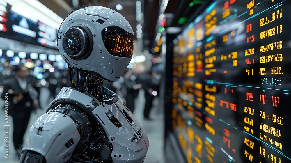 Poster in a futuristic cityscape, a robot with a glowing data display monitors its surroundings.
