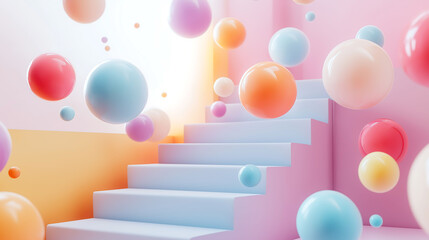 3D render of a colorful and pastel balls in studio shot rolling down in stairs