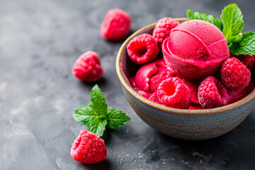 raspberry sorbet in a bowl with mint leaves