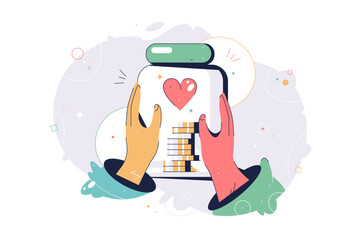 People hands holding donation jar with coins and donating money for charity. Volunteers collecting charitable donations. Charity financial support concept. Flat cartoon vector illustration. Abstract 