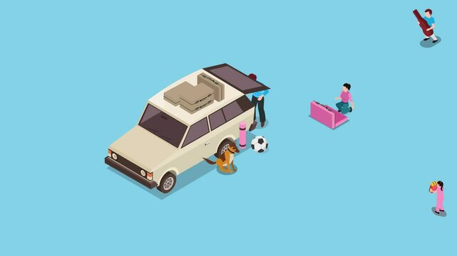 Family packing things into car trunk ready for holiday isometric 3d animation cartoon