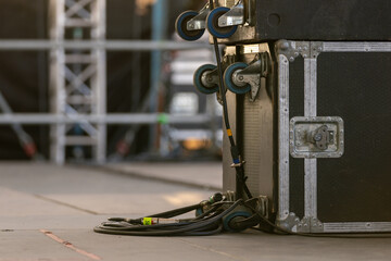 Concert equipment storage hard cases on the concert stage used for protecting and transporting gear