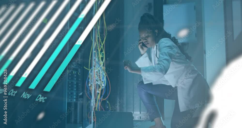 Poster animation of diagrams and data processing over biracial female worker in server room