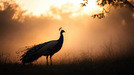 Fototapeta premium A peacock silhouetted against a misty sunrise, with soft light illuminating its graceful form in the early morning.