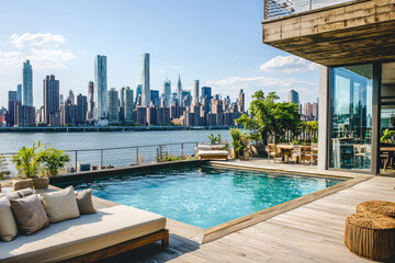 Naklejka premium Luxurious lounge with pool and stunning city skyline view