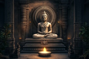 Buddha Statue with Glowing Flame in a Peaceful Temple Setting