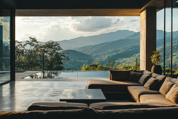 Fototapeta premium A lounge with pool and stunning view of mountains creates serene atmosphere