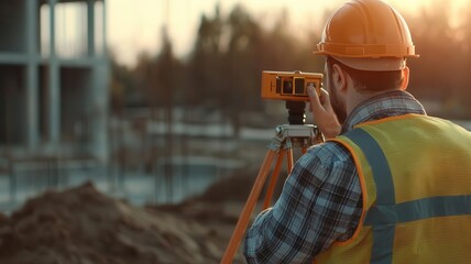 Engineers checking building alignment with a laser level on a construction site, precision, compliance