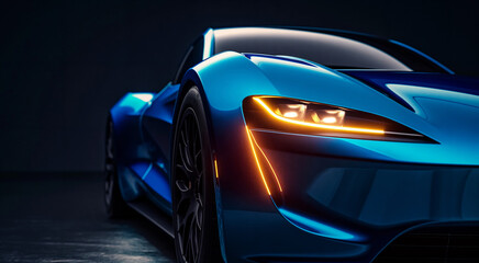 Obraz premium a blue sports car with a bright light on it's headlight is shown in a dark room