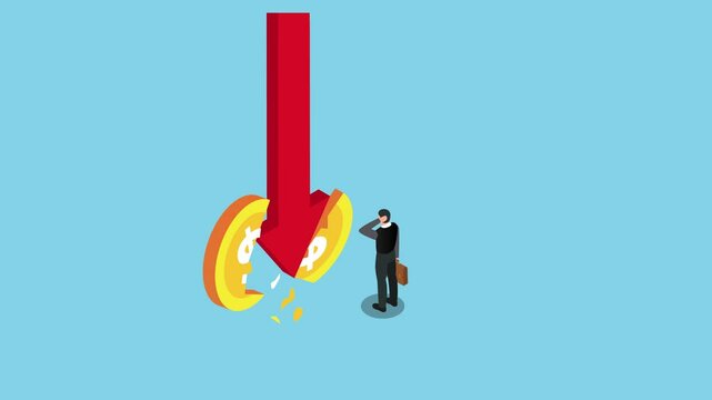 Man with coin cracked by red falling arrow 3d animation cartoon