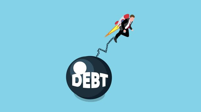 Businessperson Escaping Debt With Rocket Pack While Breaking Free From Heavy Ball and Chain 3d animation cartoon