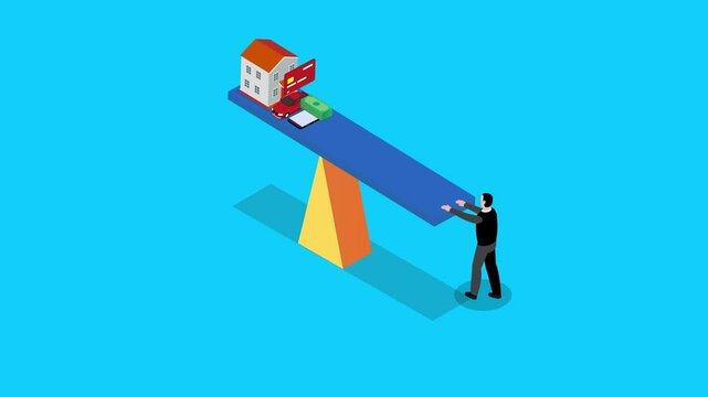 Man with debt problems on seesaw 3d animation cartoon