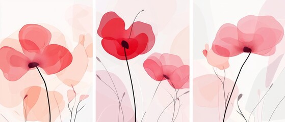 Abstract Floral Art Featuring Pink and Red Flowers on a White Background. Minimalist Vector Illustration with Simple Lines and Shapes, Presented as a Triptych.