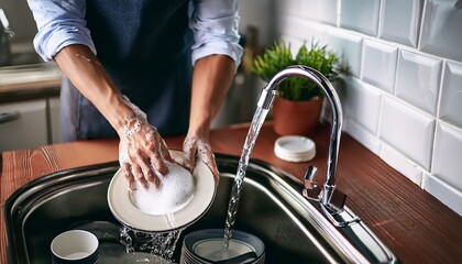 Man washing dishes close up in the kitchen in early morning doing the chores of the household