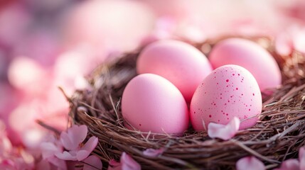 Fototapeta premium Pink Easter eggs in a nest surrounded