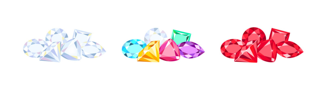 Set of gemstones. Heaps of colorful crystals. Vector cartoon flat illustration.