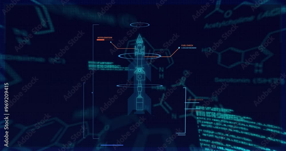 Aufkleber animation of chemical formula and data processing over rocket blueprint