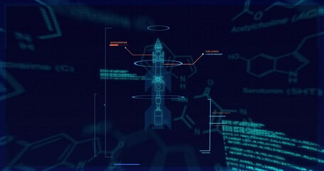 Animation of chemical formula and data processing over rocket blueprint - Powered by Adobe