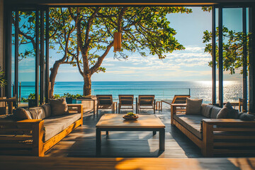 Fototapeta premium A serene lounge with view of ocean and terrace, perfect for relaxation