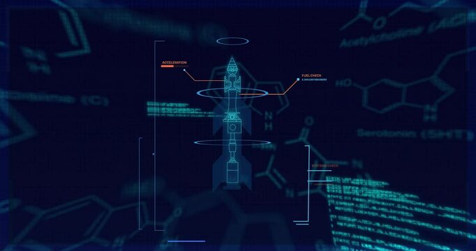 Animation of chemical formula and data processing over rocket blueprint
