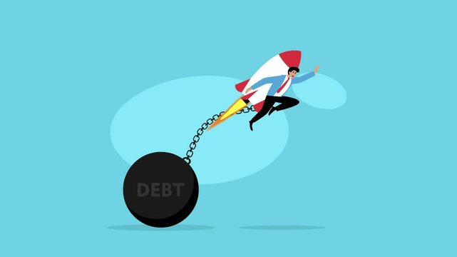 Businessperson Escaping Debt With Rocket Pack While Breaking Free From Heavy Ball and Chain cartoon animation
