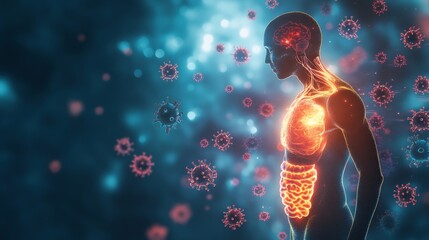 Human silhouette highlighting glowing stomach brain connection with microscopic gut microorganisms