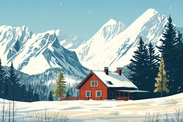A serene illustration of mountain lodge surrounded by snow capped peaks and evergreen trees