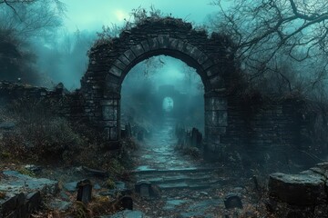 Fototapeta premium gothic fantasy archway framed by gnarled branches and thorny vines opening to a misty moonlit graveyard beyond