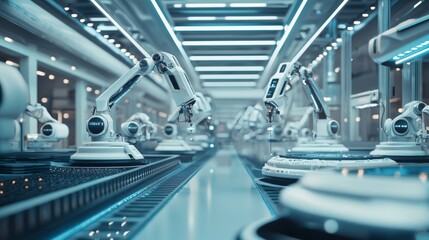 Fototapeta premium A sleek, futuristic factory floor with robotic arms assembling large components under the guidance of AI