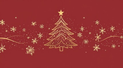 A Christmas card featuring a red background with snowflakes and a Christmas tree outline in gold, creating a festive and elegant design