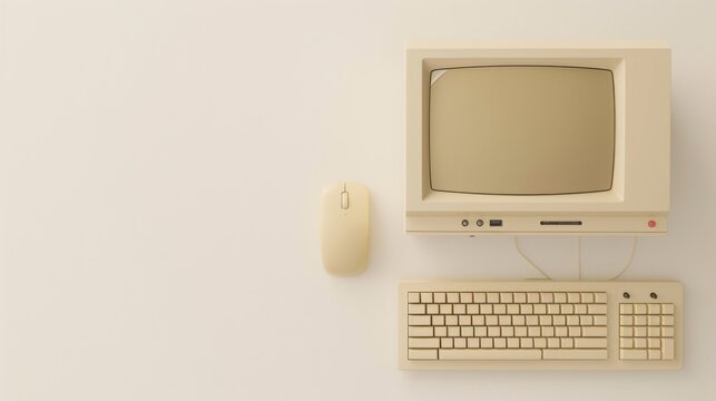 Retro beige computer with keyboard and mouse on white