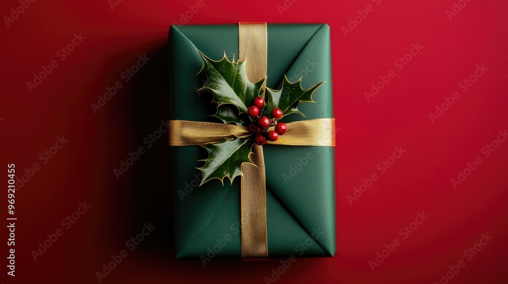 Wall mural a christmas gift wrapped in green paper with a gold ribbon and holly sprig, set against a festive re