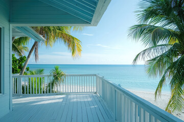 A serene view of beach house with porch overlooking ocean