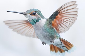 Naklejka premium graceful hummingbird frozen in midflight against a pure white background iridescent feathers and delicate wings capture the birds beauty and agility in exquisite detail