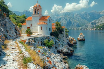 A serene view of a coastal church on rocky cliffs in Montenegro during a clear summer day