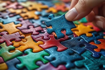 hand arranging colorful jigsaw pieces metaphor for problemsolving and personal growth vivid hues against neutral background