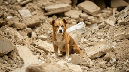 A brave search and rescue dog carefully search through earthquake debris and ruins to find injured or missing people, showcasing loyalty, training, life-saving efforts in disaster relief operations