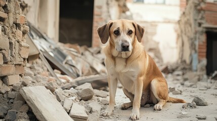 A brave search and rescue dog carefully search through earthquake debris and ruins to find injured or missing people, showcasing loyalty, training, life-saving efforts in disaster relief operations