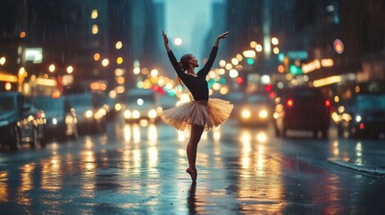 A graceful ballerina in sweater and chiffon skirt dances amidst a vibrant city at night
