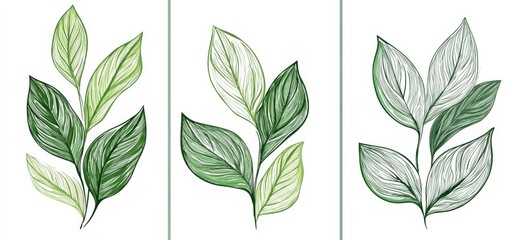 Abstract Green Leaf Set in Vector Illustration, Hand-Drawn Line Art on White Background. Three Vertical Canvases with Different Leaf Angles