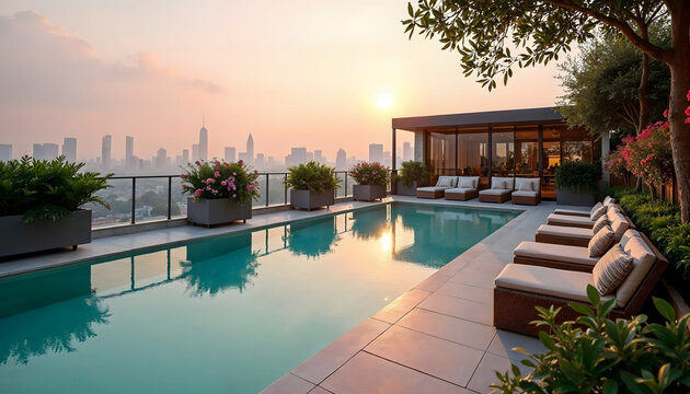 Tranquil rooftop pool scene at sunset, overlooking a vibrant city skyline, perfect for luxury living and relaxation in urban settings.