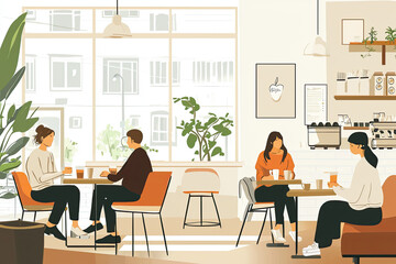 A cozy coffee shop with people enjoying their drinks and conversation