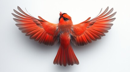Vibrant Cardinal Mid-Flight Displaying Spread Wings Against White Background