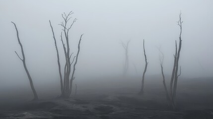 A haunting and eerie scene of dry, dead trees shrouded in thick fog, evoking a sense of desolation and isolation in a barren, fog-covered landscape