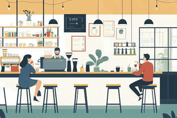 A cozy coffee shop with people enjoying their drinks and barista at work