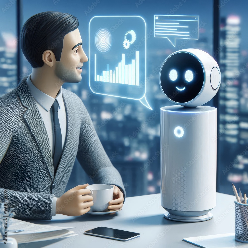 Poster a modern businessman engaging with a friendly ai robot in a futuristic office setting. the robot dis
