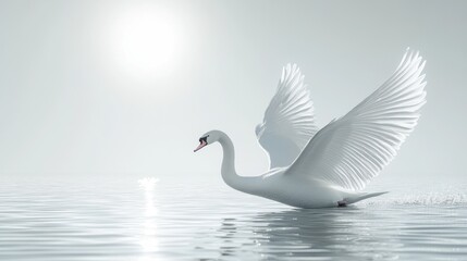 Obraz premium Graceful Swan Spreading Wings on Tranquil Misty Morning Lake